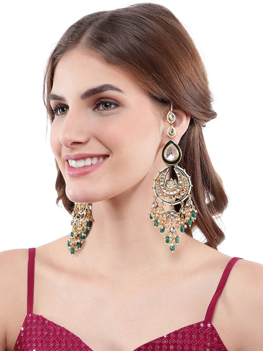 Gleaming Gold-Plated Dark Green Chandbaali Earrings for Girls - Auraa Trends - Chandbali - 22k gold chandbali earrings