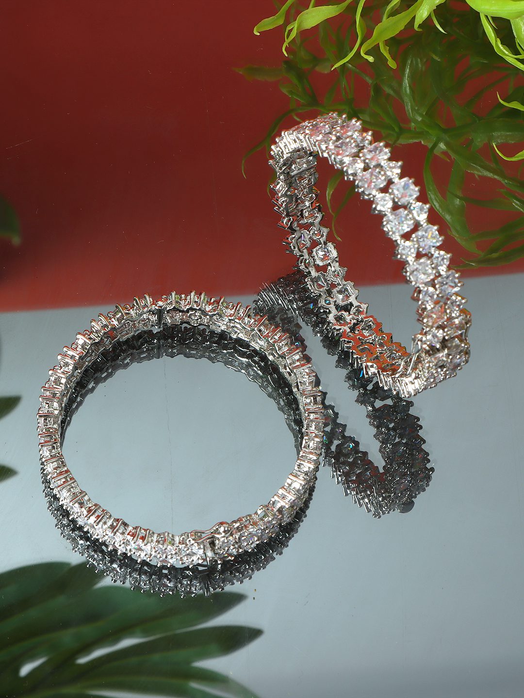 Glittering Rhodium Plated American Diamond Bangle Set - Auraa Trends - Bracelet - Buy Rhodium Plated American Diamond Bangle