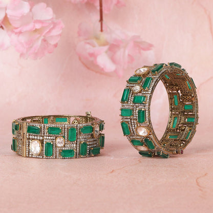 Gold Bangles with Deep Green Ruby Accents - Auraa Trends - Bangles- Auraa Trends - Gold Bracelet with Deep Green Ruby Accents