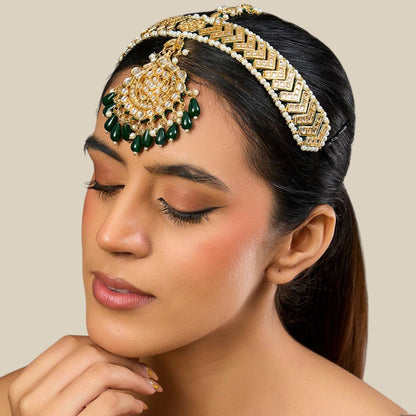 Gold Finish Green Beaded Mathapatti - Auraa Trends - Mathapati - # - Auraa Trends - Gold Finish Green Beaded Mathapatti