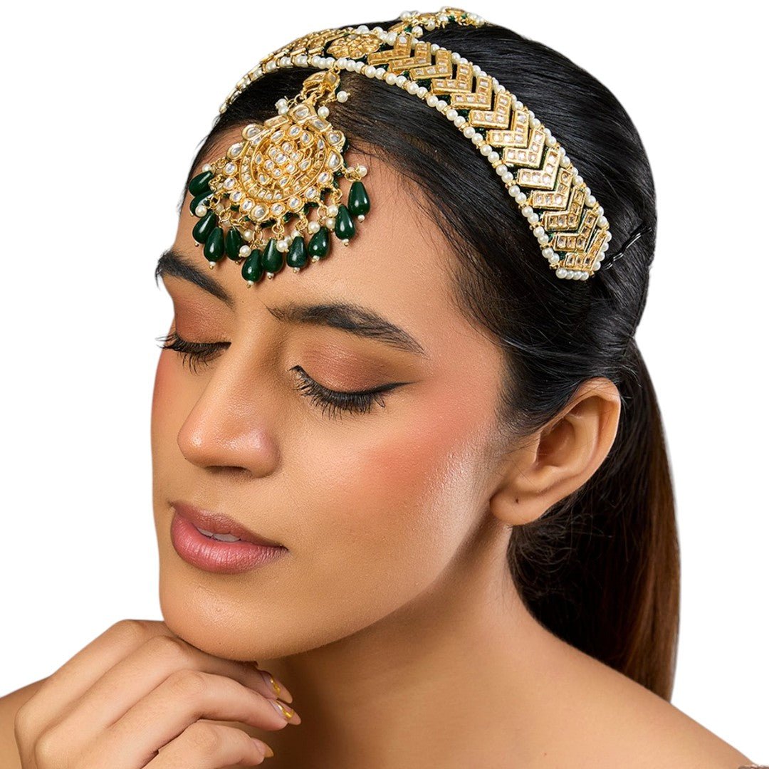 Gold Finish Green Beaded Mathapatti - Auraa Trends - Mathapati - # - Auraa Trends - Gold Finish Green Beaded Mathapatti