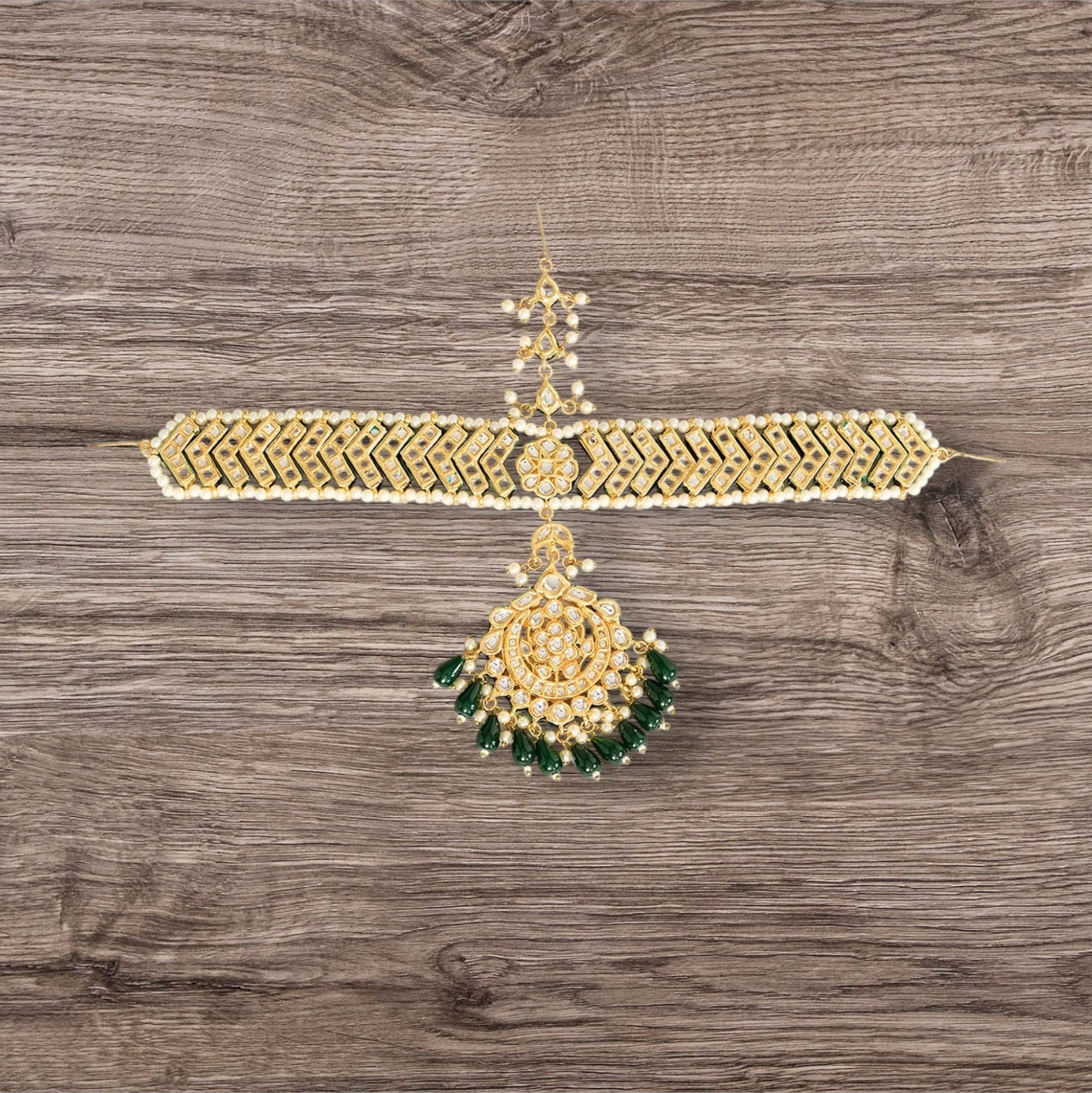 Gold Finish Green Beaded Mathapatti - Auraa Trends - Mathapati - # - Auraa Trends - Gold Finish Green Beaded Mathapatti