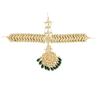 Gold Finish Green Beaded Mathapatti - Auraa Trends - Mathapati - # - Auraa Trends - Gold Finish Green Beaded Mathapatti