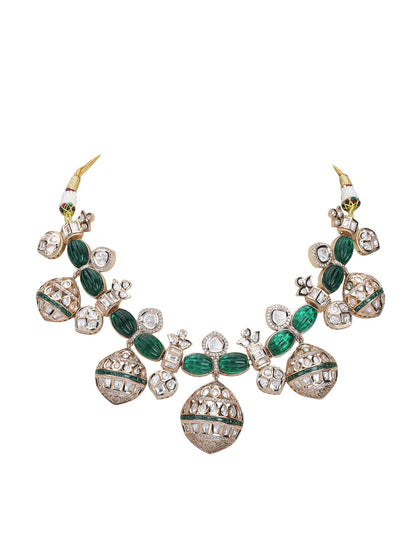 Gold Finish Green Kundan Polki Choker Necklace Set - Auraa Trends - Necklace Set - Alloy Bridal Collection Exclusive Sale