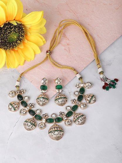 Gold Finish Green Kundan Polki Choker Necklace Set - Auraa Trends - Necklace Set - Alloy Bridal Collection Exclusive Sale