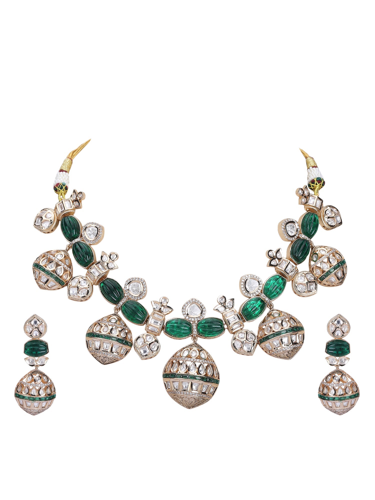 Gold Finish Green Kundan Polki Choker Necklace Set - Auraa Trends - Necklace Set - Alloy Bridal Collection Exclusive Sale