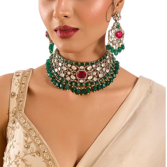 Gold Finish Hand - Set Kundan Polki & Deep Green Beaded Choker Necklace Set - Auraa Trends - Necklace -  - Auraa Trends - Gold finish choker necklace with hand - set kundan polki and deep green beads Traditional Indian choker set with kundan polki and matching dangler earrings Bridal green beaded choker necklace with gold finish Ethnic kundan polki necklace set with green beads and dangler earrings
