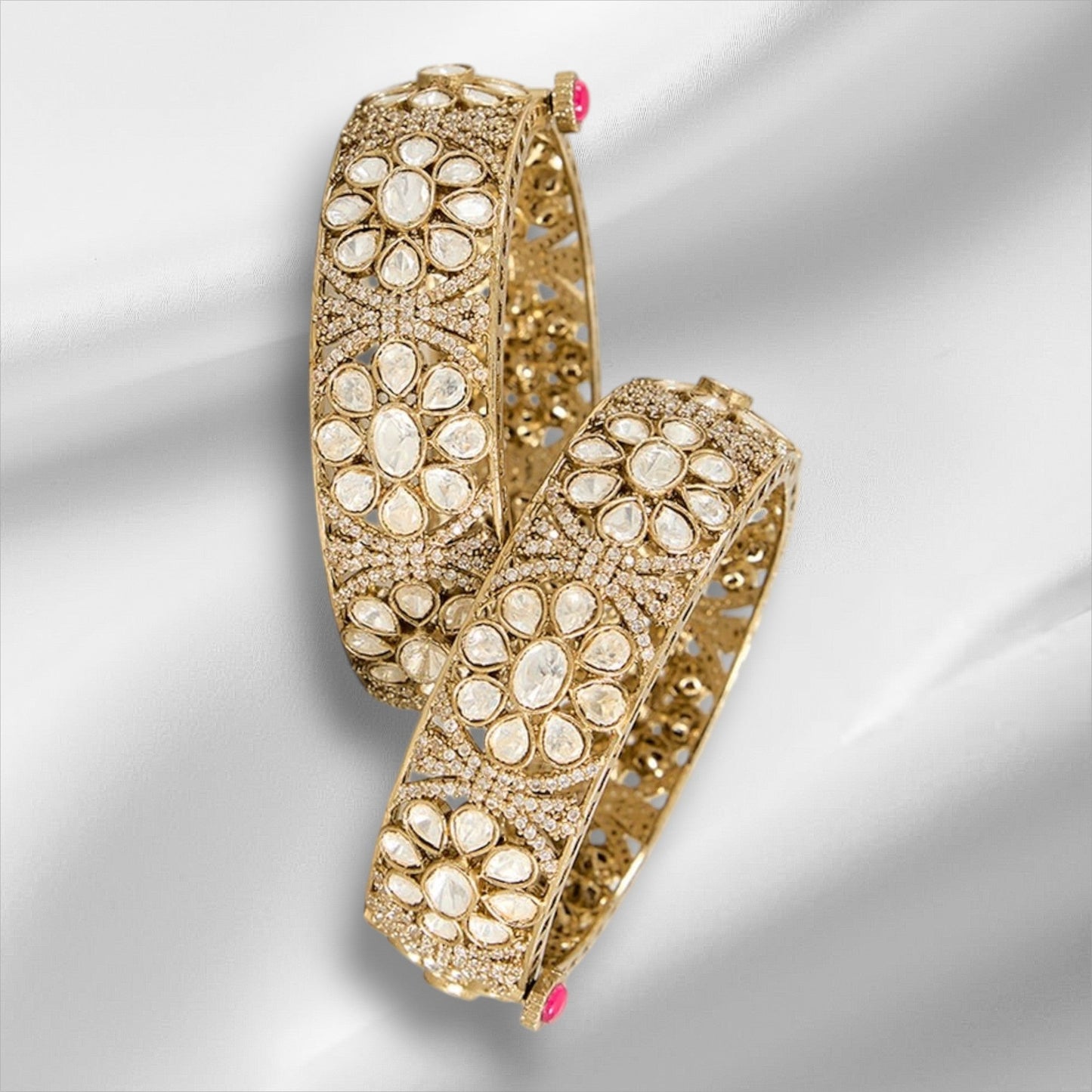 Gold Finish Kundan Polki Bangles (Set Of 2) - Auraa Trends - Bangles - # - Auraa Trends - Gold Finish Kundan Polki Bangles (Set Of 2)