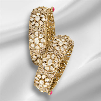 Gold Finish Kundan Polki Bangles (Set Of 2) - Auraa Trends - Bangles - # - Auraa Trends - Gold Finish Kundan Polki Bangles (Set Of 2)