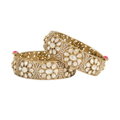 Gold Finish Kundan Polki Bangles (Set Of 2) - Auraa Trends - Bangles - # - Auraa Trends - Gold Finish Kundan Polki Bangles (Set Of 2)
