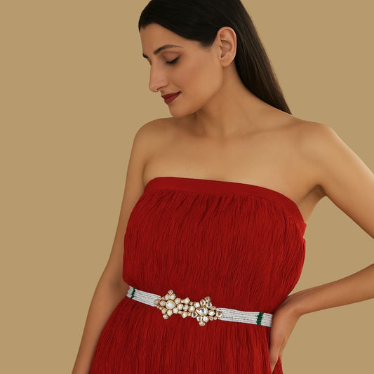 Gold Finish Kundan Polki & Beaded Waist Belt - Auraa Trends - Waist Belt - Gold Finish Kundan Polki & Beaded Waist Belt