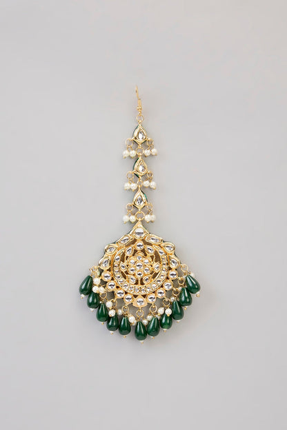 Gold Finish Kundan Polki Chandbali Earrings With Maang Tikka - Auraa Trends - Earring Set - # - Auraa Trends - Gold Finish Kundan Polki Chandbali Earrings With Maang Tikka