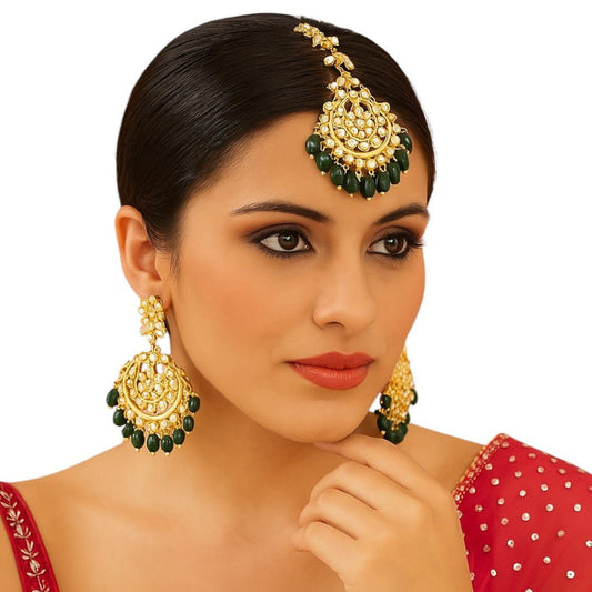Gold Finish Kundan Polki Chandbali Earrings With Maang Tikka - Auraa Trends - Earring Set - # - Auraa Trends - Gold Finish Kundan Polki Chandbali Earrings With Maang Tikka