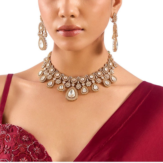 Gold Finish Kundan Polki Choker Necklace Set – Traditional Indian Jewelry for Weddings & Festivals - Auraa Trends - Necklace -  - Auraa Trends - Gold Finish Kundan Polki Choker Necklace Set – Traditional Indian Jewelry for Weddings & Festivals