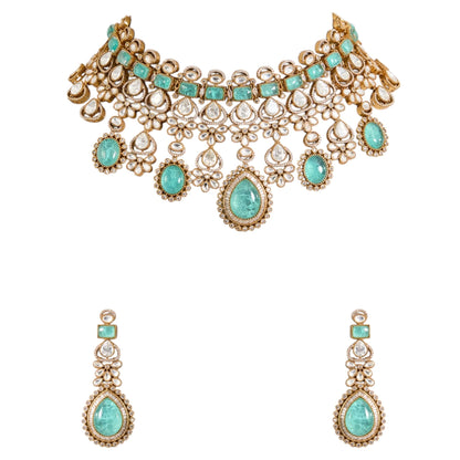 Gold - Finish Kundan Polki Choker Necklace Set with Aqua Blue Beads & Matching Earrings - Auraa Trends - Necklace -  - Auraa Trends - Gold - Finish Kundan Polki Choker Necklace Set with Aqua Blue Beads & Matching Earrings