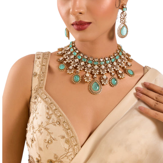 Gold - Finish Kundan Polki Choker Necklace Set with Aqua Blue Beads & Matching Earrings - Auraa Trends - Necklace -  - Auraa Trends - Gold - Finish Kundan Polki Choker Necklace Set with Aqua Blue Beads & Matching Earrings