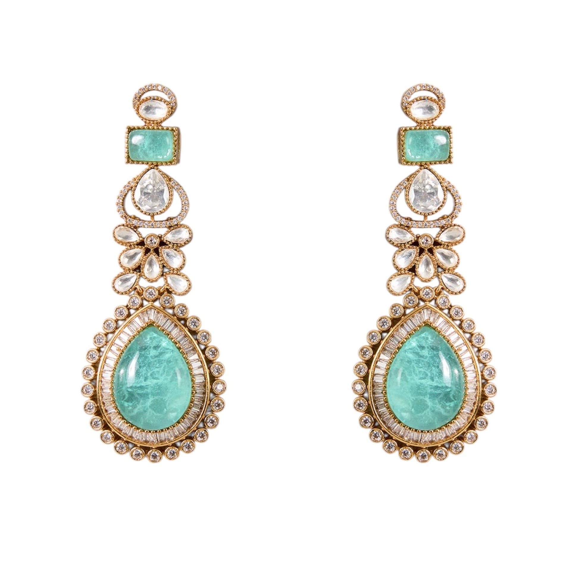 Gold - Finish Kundan Polki Choker Necklace Set with Aqua Blue Beads & Matching Earrings - Auraa Trends - Necklace -  - Auraa Trends - Gold - Finish Kundan Polki Choker Necklace Set with Aqua Blue Beads & Matching Earrings