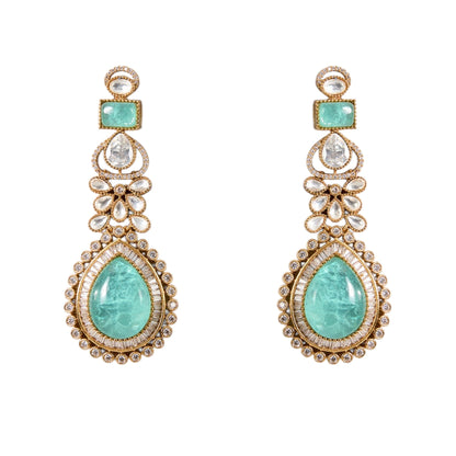 Gold - Finish Kundan Polki Choker Necklace Set with Aqua Blue Beads & Matching Earrings - Auraa Trends - Necklace -  - Auraa Trends - Gold - Finish Kundan Polki Choker Necklace Set with Aqua Blue Beads & Matching Earrings