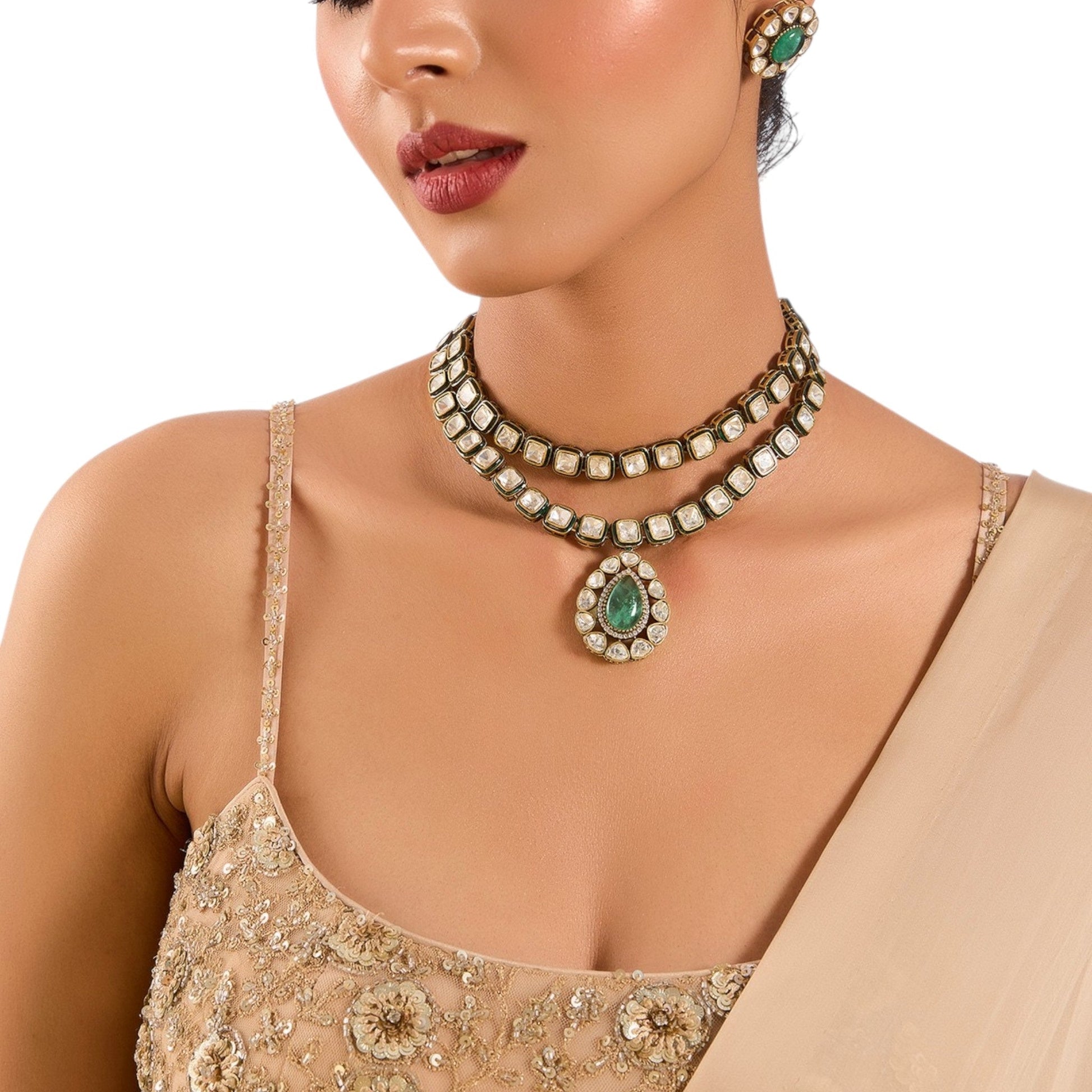 Gold Finish Kundan Polki Choker Necklace Set with Emerald Drop – Indian Bridal Jewelry - Auraa Trends - Necklace -  - Auraa Trends - Gold Finish Kundan Polki Choker Necklace with Emerald Drops Traditional Indian Bridal Necklace Set with Stud Earrings Wedding Jewelry Set – Gold Choker with Emerald and Kundan Polki Festive Wear Kundan Choker Necklace for Women