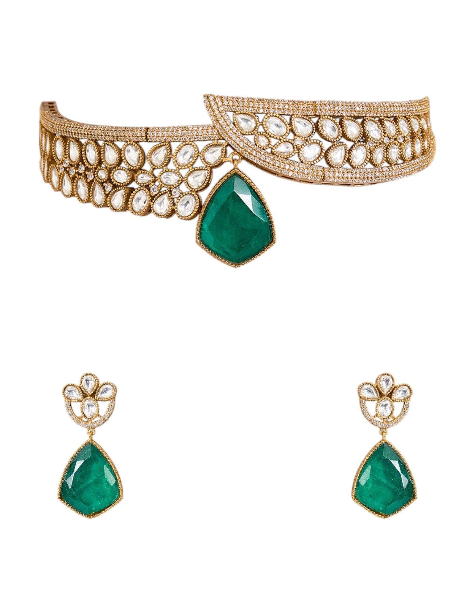 Gold Finish Kundan Polki Choker Necklace Set with Emerald Green Stones – Bridal & Festive Jewelry - Auraa Trends - Necklace Set -  - Auraa Trends - Gold finish Kundan Polki choker necklace with emerald stones Emerald green stone bridal choker necklace with matching earrings Traditional Indian festive necklace set in gold with kundan work Kundan Polki and emerald necklace set for weddings and festivals Designer bridal choker set with gold polish and green stones