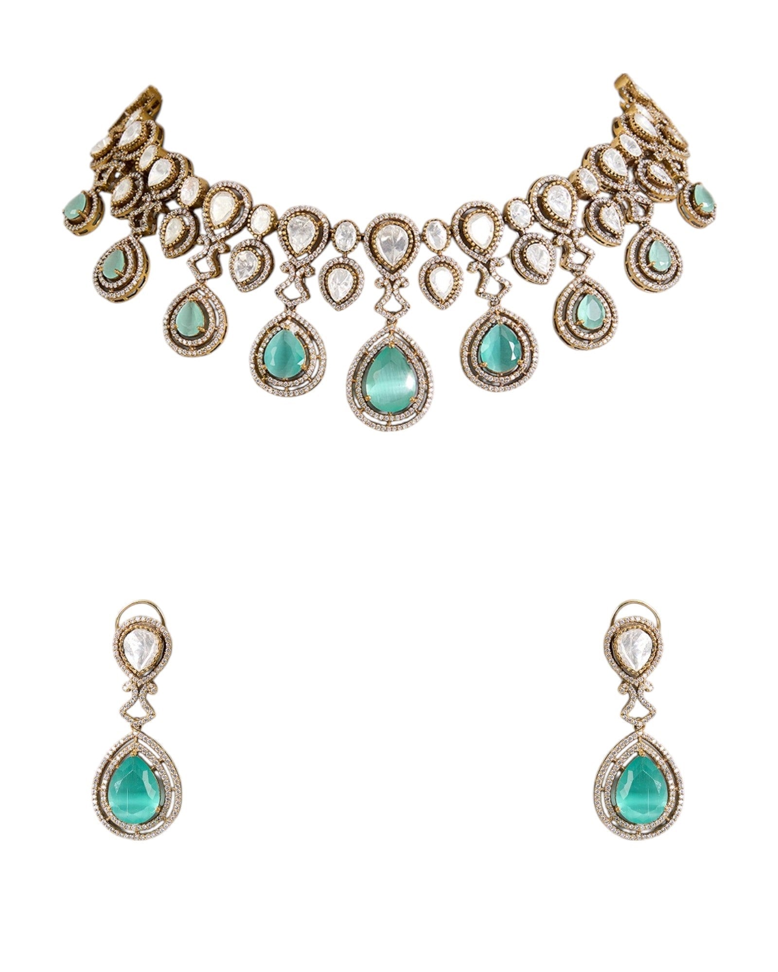 Gold Finish Kundan Polki Choker Necklace Set with Mint Green Drops – Bridal Jewelry Set - Auraa Trends - necklace -  - Auraa Trends - Gold finish Kundan Polki choker necklace with pearls and mint green drops Indian bridal choker necklace set with matching earrings Traditional gold plated choker with Kundan stones and pearl accents Mint green drop choker necklace for wedding or festive wear Ethnic Indian jewelry set with earrings – Kundan and pearl choker