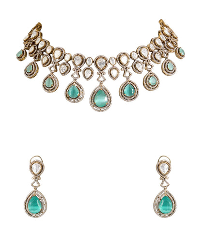 Gold Finish Kundan Polki Choker Necklace Set with Mint Green Drops – Bridal Jewelry Set - Auraa Trends - necklace -  - Auraa Trends - Gold finish Kundan Polki choker necklace with pearls and mint green drops Indian bridal choker necklace set with matching earrings Traditional gold plated choker with Kundan stones and pearl accents Mint green drop choker necklace for wedding or festive wear Ethnic Indian jewelry set with earrings – Kundan and pearl choker