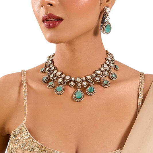 Gold Finish Kundan Polki Choker Necklace Set with Mint Green Drops – Bridal Jewelry Set - Auraa Trends - necklace -  - Auraa Trends - Gold finish Kundan Polki choker necklace with pearls and mint green drops Indian bridal choker necklace set with matching earrings Traditional gold plated choker with Kundan stones and pearl accents Mint green drop choker necklace for wedding or festive wear Ethnic Indian jewelry set with earrings – Kundan and pearl choker