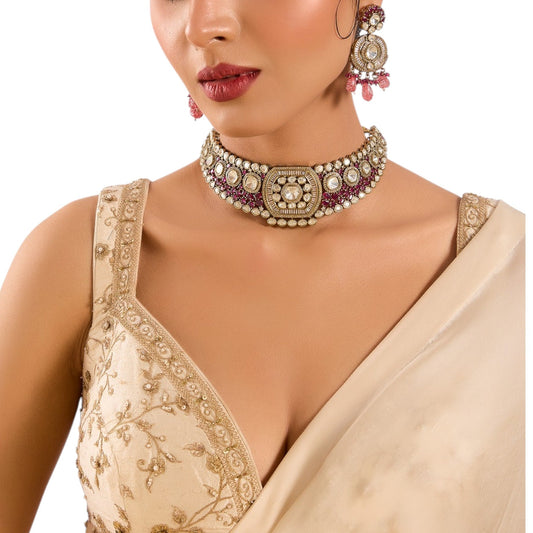 Gold - Finish Kundan Polki Choker Necklace Set with Pink Pearl Drops & Matching Dangler Earrings - Auraa Trends - Necklace -  - Auraa Trends - Choker Necklace, Kundan Jewelry, Polki Necklace Set, Pearl Drop Necklace, Wedding Jewelry, Festive Jewelry, Indian Bridal Jewelry, Ethnic Necklace Set, Gold Finish Jewelry, Traditional Necklace, Statement Jewelry, Handmade Jewelry, Jewelry Set with Earrings, Bridal Accessories