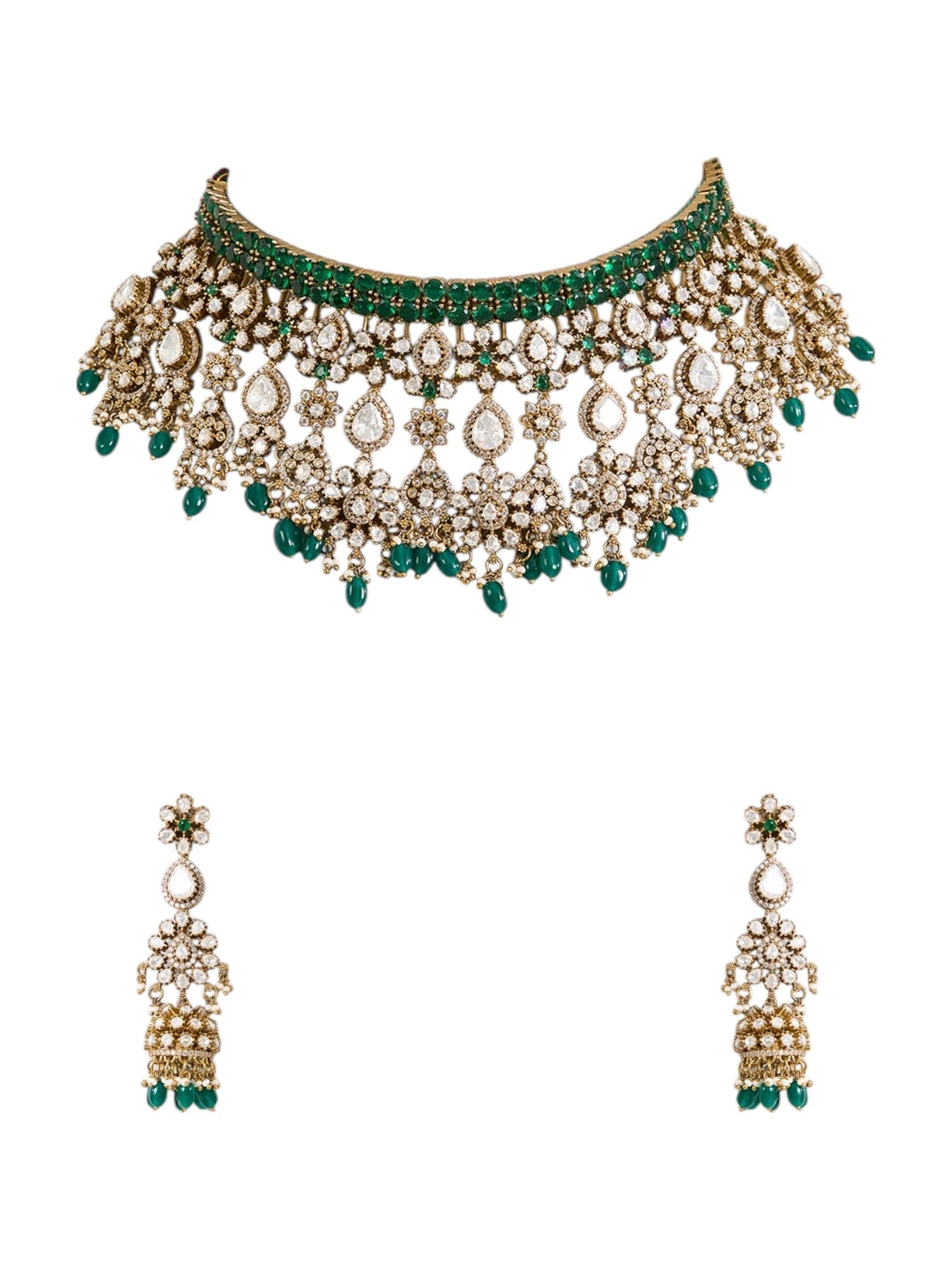 Gold Finish Kundan Polki & Deep Green Beaded Choker Necklace Set - Auraa Trends - Necklace -  - Auraa Trends - Gold finish choker necklace with kundan polki and deep green beads Indian bridal choker set with kundan stones and dangler earrings Traditional green beaded kundan choker necklace set Gold plated kundan polki choker with matching dangler earrings