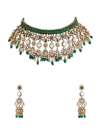 Gold Finish Kundan Polki & Deep Green Beaded Choker Necklace Set - Auraa Trends - Necklace -  - Auraa Trends - Gold finish choker necklace with kundan polki and deep green beads Indian bridal choker set with kundan stones and dangler earrings Traditional green beaded kundan choker necklace set Gold plated kundan polki choker with matching dangler earrings