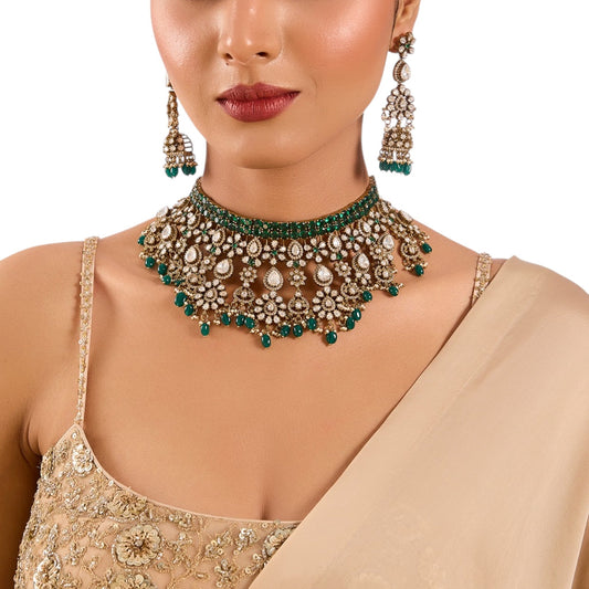 Gold Finish Kundan Polki & Deep Green Beaded Choker Necklace Set - Auraa Trends - Necklace -  - Auraa Trends - Gold finish choker necklace with kundan polki and deep green beads Indian bridal choker set with kundan stones and dangler earrings Traditional green beaded kundan choker necklace set Gold plated kundan polki choker with matching dangler earrings