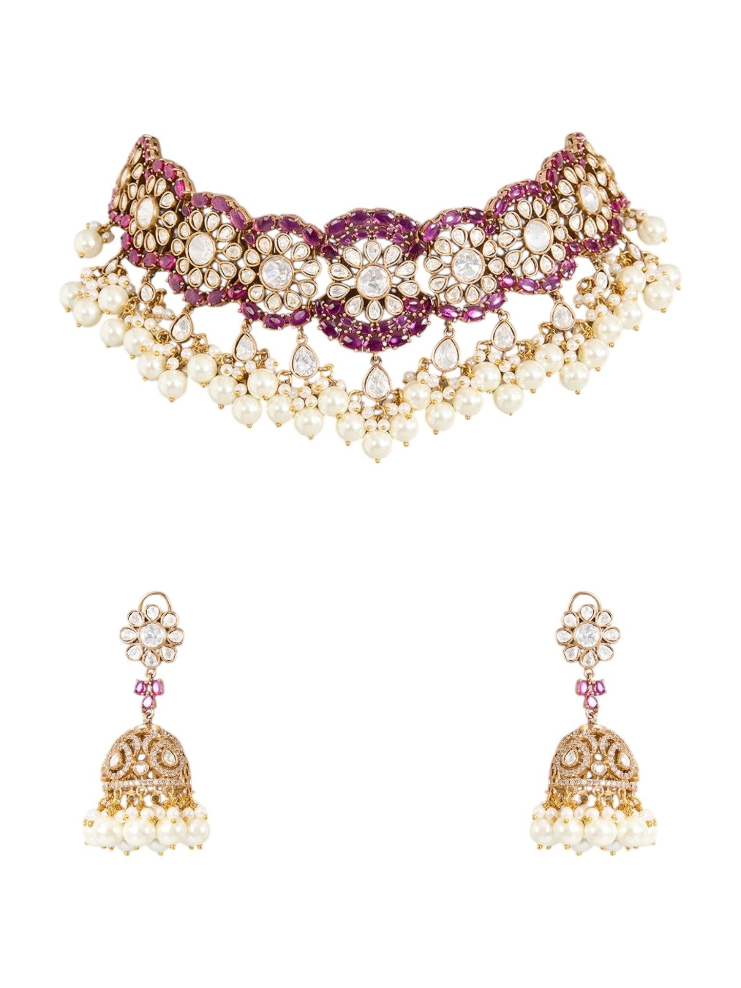 Gold Finish Kundan Polki & Deep Ruby Stone Choker Necklace Set - Auraa Trends - Necklace -  - Auraa Trends - Gold finish choker necklace with kundan polki, ruby stones, pearls, and floral motifs Traditional Indian bridal choker set with jhumka earrings Ruby red kundan polki necklace with matching jhumka earrings Floral motif choker necklace in gold with pearls and ruby accents