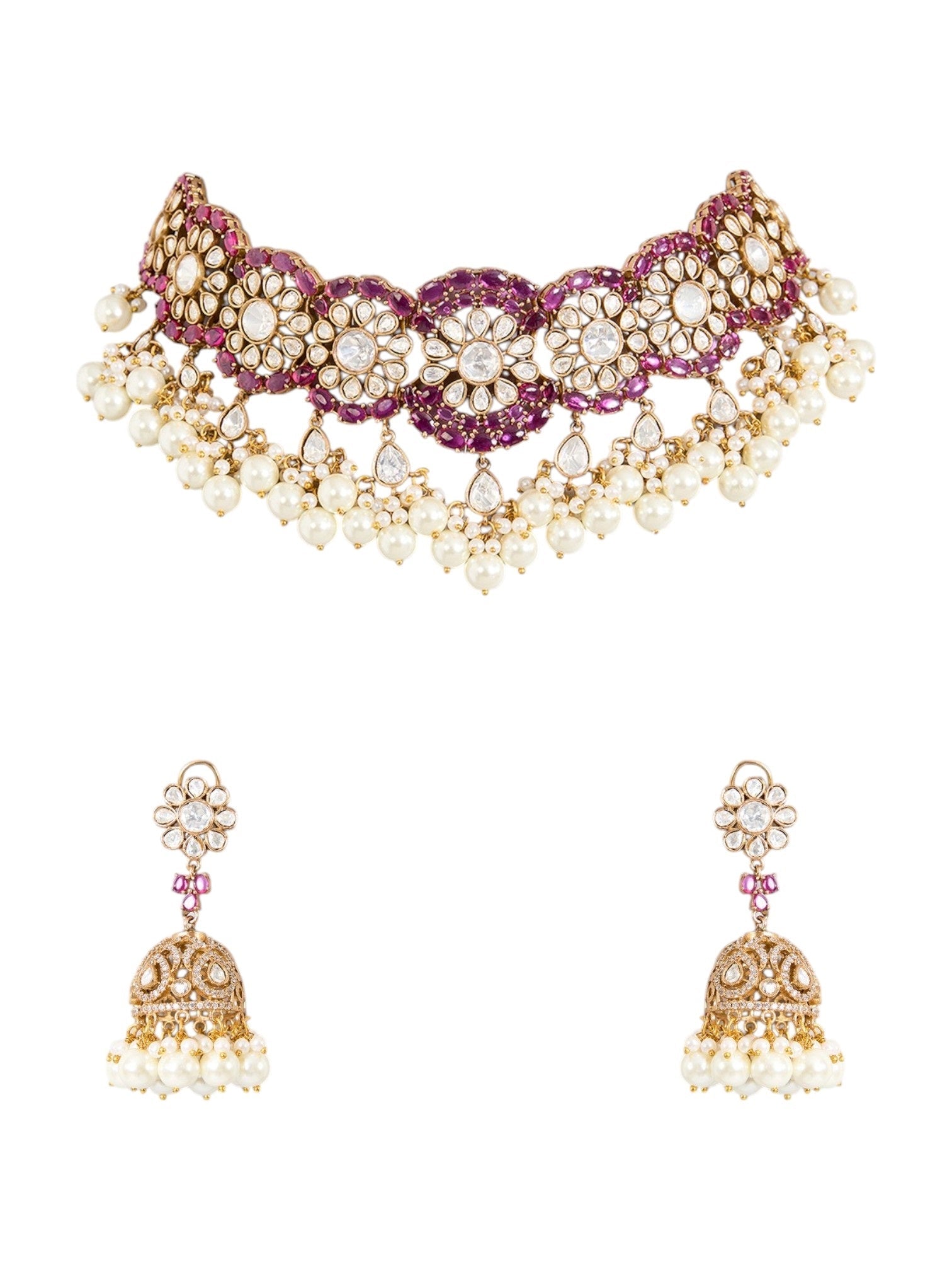 Gold Finish Kundan Polki & Deep Ruby Stone Choker Necklace Set - Auraa Trends - Necklace -  - Auraa Trends - Gold finish choker necklace with kundan polki, ruby stones, pearls, and floral motifs Traditional Indian bridal choker set with jhumka earrings Ruby red kundan polki necklace with matching jhumka earrings Floral motif choker necklace in gold with pearls and ruby accents