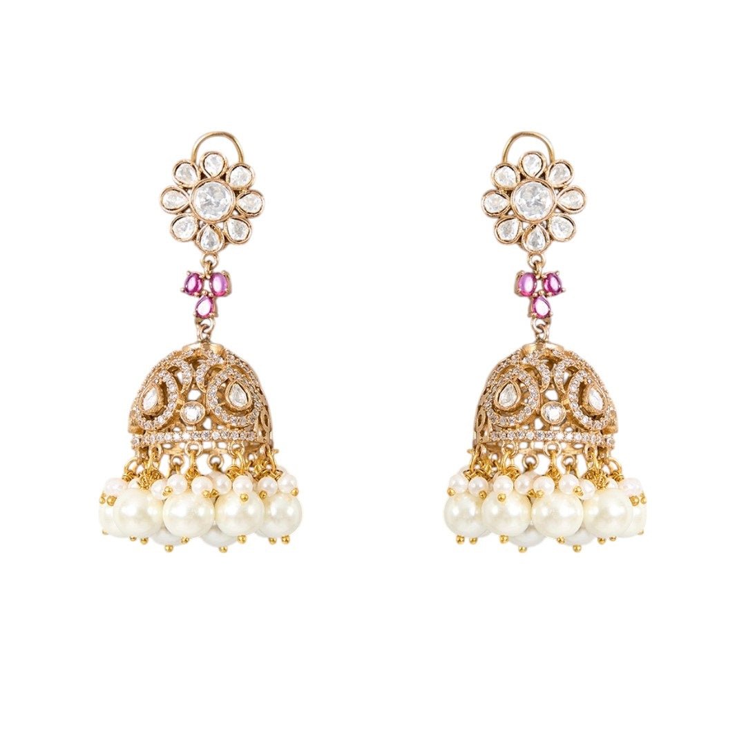 Gold Finish Kundan Polki & Deep Ruby Stone Choker Necklace Set - Auraa Trends - Necklace -  - Auraa Trends - Gold finish choker necklace with kundan polki, ruby stones, pearls, and floral motifs Traditional Indian bridal choker set with jhumka earrings Ruby red kundan polki necklace with matching jhumka earrings Floral motif choker necklace in gold with pearls and ruby accents