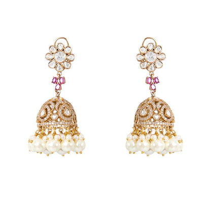 Gold Finish Kundan Polki & Deep Ruby Stone Choker Necklace Set - Auraa Trends - Necklace -  - Auraa Trends - Gold finish choker necklace with kundan polki, ruby stones, pearls, and floral motifs Traditional Indian bridal choker set with jhumka earrings Ruby red kundan polki necklace with matching jhumka earrings Floral motif choker necklace in gold with pearls and ruby accents