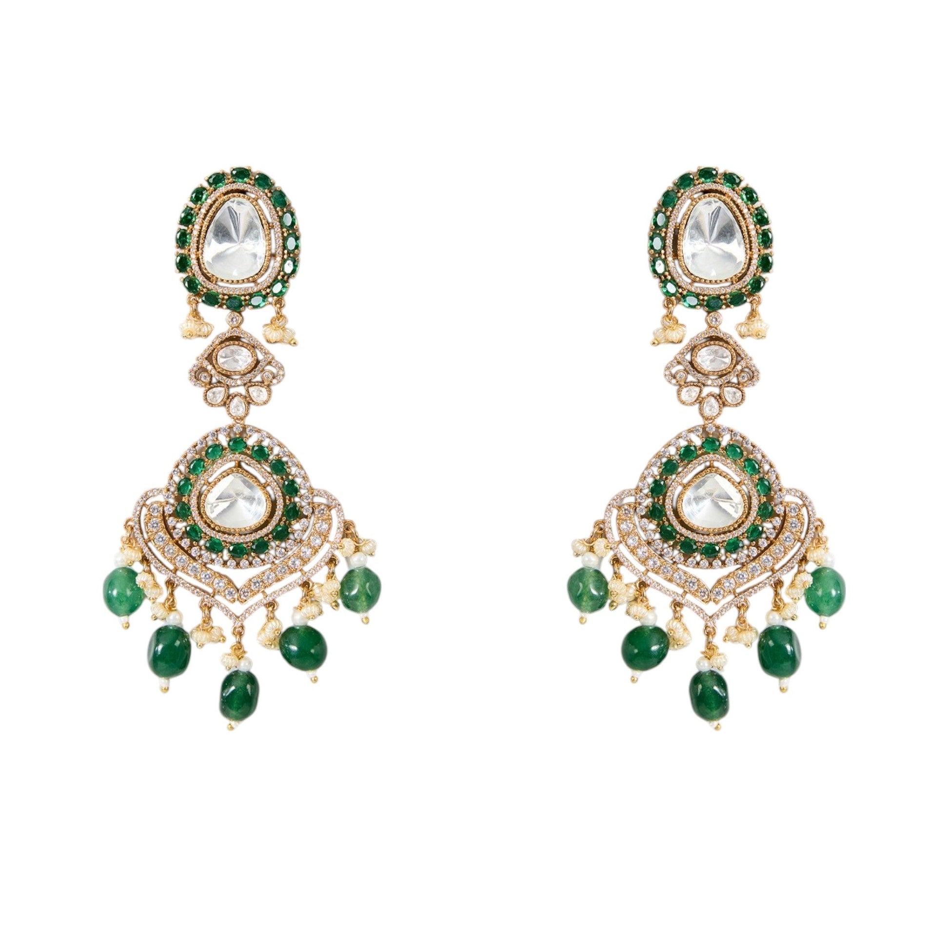 Gold Finish Kundan Polki & Emerald Green Drop Choker Necklace Set - Auraa Trends - Necklace -  - Auraa Trends - Gold Finish Choker Necklace with Kundan Polki and Emerald Green Drops Traditional Kundan Polki Choker Set with Matching Earrings Bridal Emerald Drop Choker Necklace for Women Indian Ethnic Necklace Set with Polki Stones and Emerald Accents