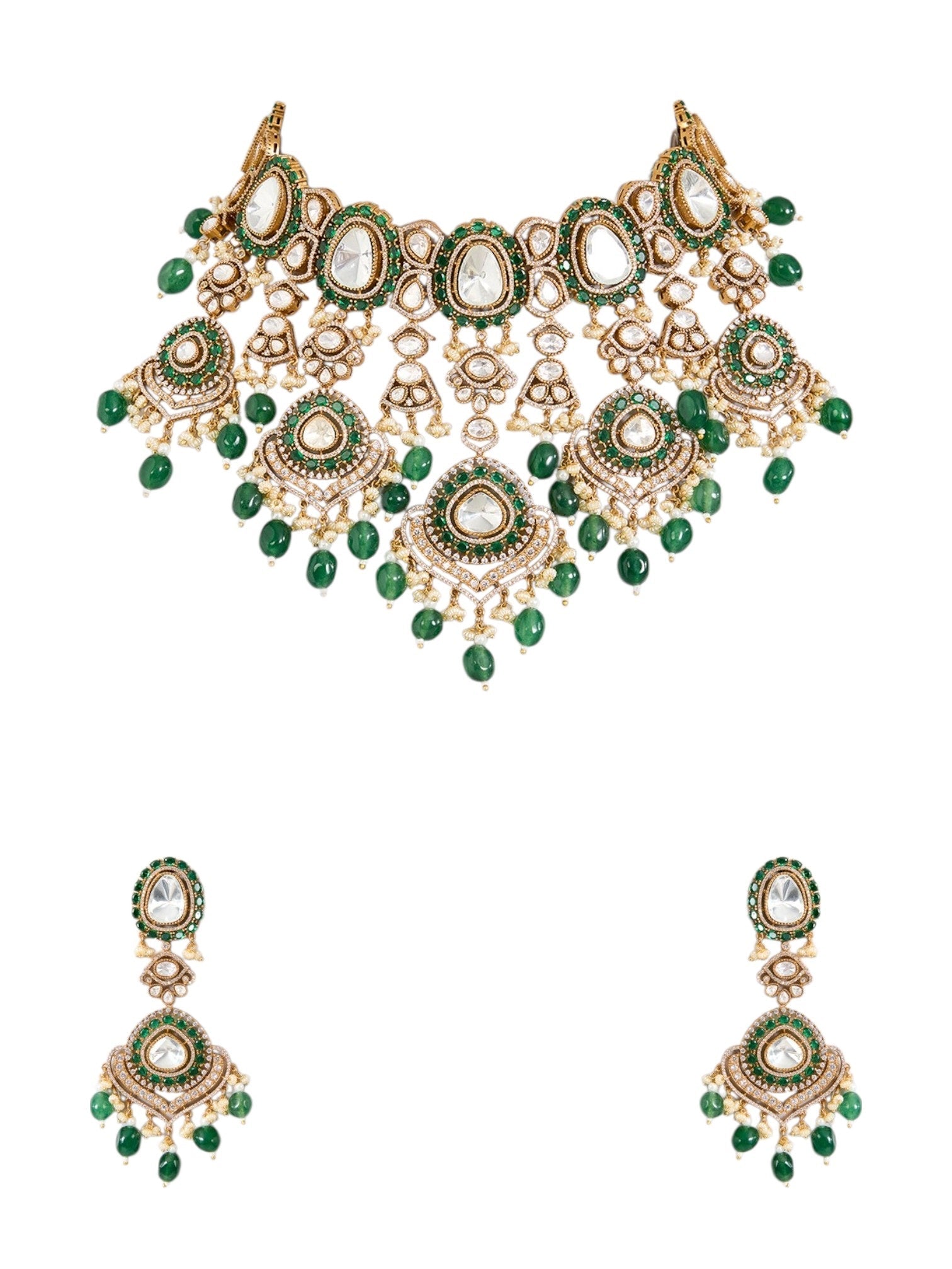 Gold Finish Kundan Polki & Emerald Green Drop Choker Necklace Set - Auraa Trends - Necklace -  - Auraa Trends - Gold Finish Choker Necklace with Kundan Polki and Emerald Green Drops Traditional Kundan Polki Choker Set with Matching Earrings Bridal Emerald Drop Choker Necklace for Women Indian Ethnic Necklace Set with Polki Stones and Emerald Accents