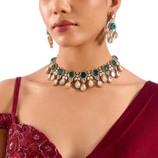 Gold Finish Kundan Polki & Emerald Stone Choker Necklace Set - Auraa Trends - necklace -  - Auraa Trends - Purpose: Describes the image content for screen readers and helps SEO. Best Practices: Be descriptive but concise. Include relevant keywords naturally. Avoid keyword stuffing. Describe what the image shows or represents.