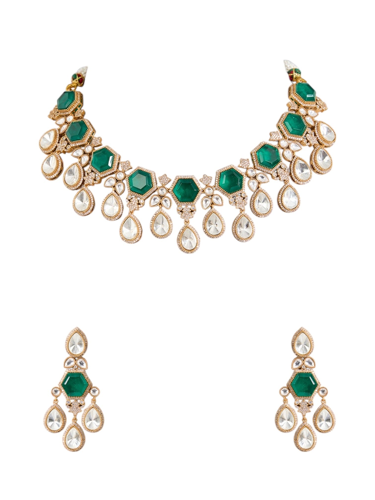 Gold Finish Kundan Polki & Emerald Stone Choker Necklace Set - Auraa Trends - necklace -  - Auraa Trends - Purpose: Describes the image content for screen readers and helps SEO. Best Practices: Be descriptive but concise. Include relevant keywords naturally. Avoid keyword stuffing. Describe what the image shows or represents.
