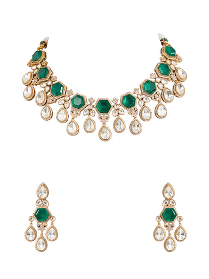 Gold Finish Kundan Polki & Emerald Stone Choker Necklace Set - Auraa Trends - necklace -  - Auraa Trends - Purpose: Describes the image content for screen readers and helps SEO. Best Practices: Be descriptive but concise. Include relevant keywords naturally. Avoid keyword stuffing. Describe what the image shows or represents.