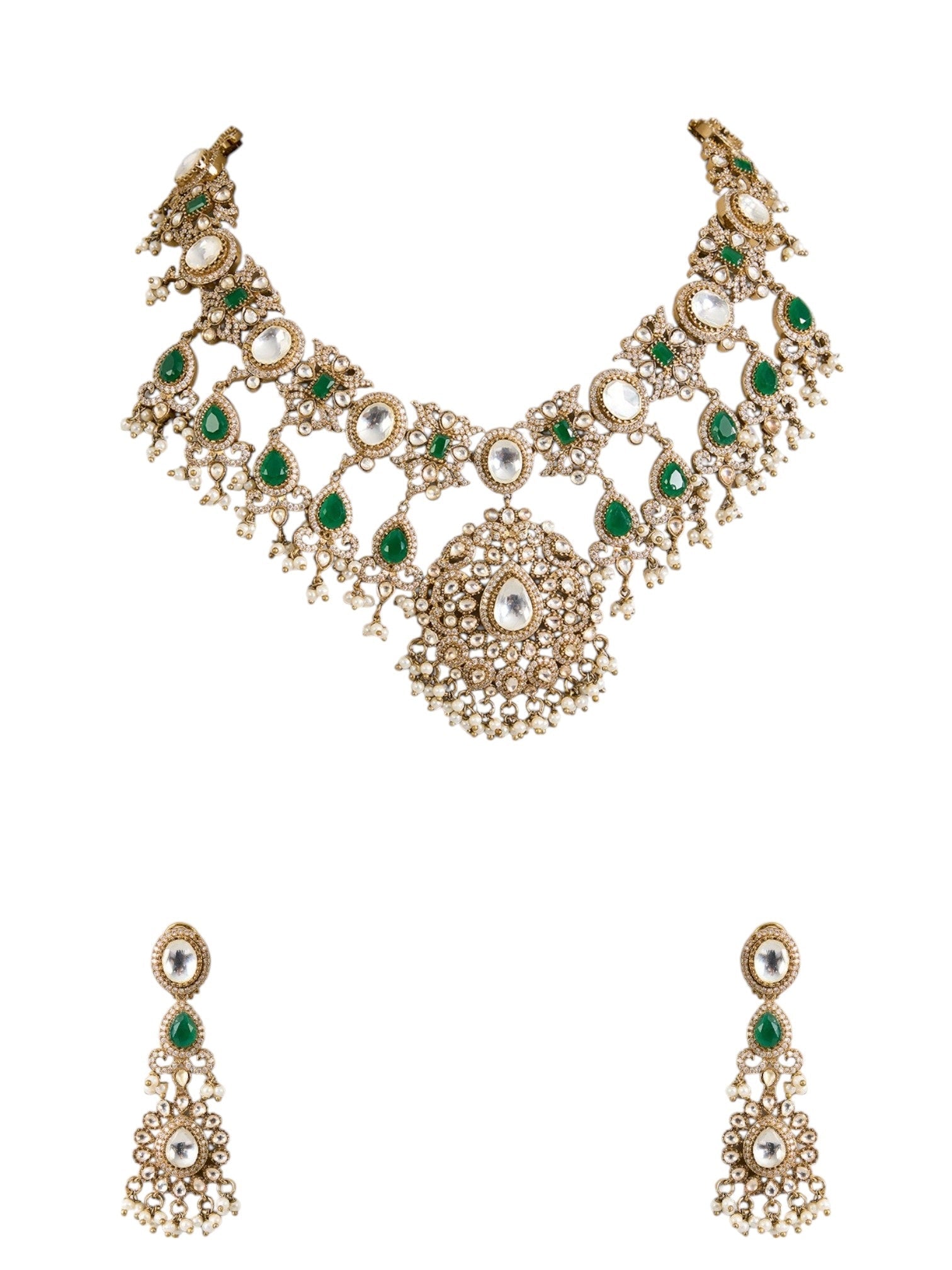 Gold Finish Kundan Polki & Emerald Stone Choker Pendant Necklace Set - Auraa Trends - Necklace -  - Auraa Trends - Gold finish choker pendant necklace set with kundan polki and emerald stones, paired with matching dangler earrings – ideal for weddings or festive occasions
