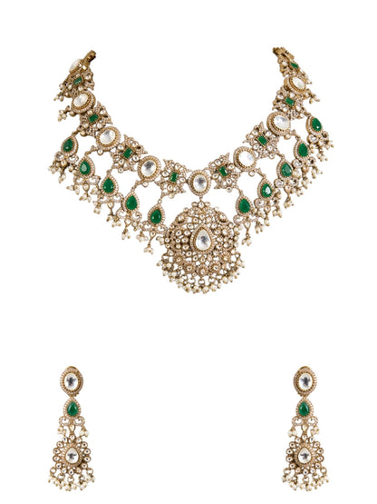 Gold Finish Kundan Polki & Emerald Stone Choker Pendant Necklace Set - Auraa Trends - Necklace -  - Auraa Trends - Gold finish choker pendant necklace set with kundan polki and emerald stones, paired with matching dangler earrings – ideal for weddings or festive occasions