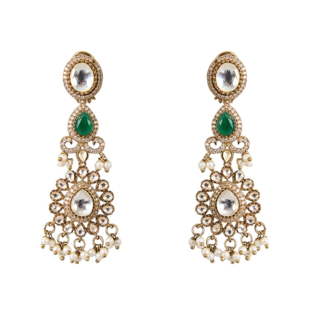 Gold Finish Kundan Polki & Emerald Stone Choker Pendant Necklace Set - Auraa Trends - Necklace -  - Auraa Trends - Gold finish choker pendant necklace set with kundan polki and emerald stones, paired with matching dangler earrings – ideal for weddings or festive occasions