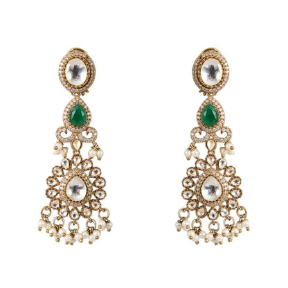 Gold Finish Kundan Polki & Emerald Stone Choker Pendant Necklace Set - Auraa Trends - Necklace -  - Auraa Trends - Gold finish choker pendant necklace set with kundan polki and emerald stones, paired with matching dangler earrings – ideal for weddings or festive occasions