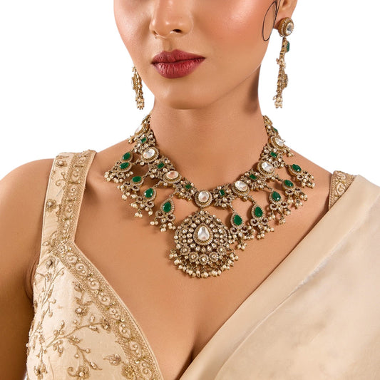 Gold Finish Kundan Polki & Emerald Stone Choker Pendant Necklace Set - Auraa Trends - Necklace -  - Auraa Trends - Gold finish choker pendant necklace set with kundan polki and emerald stones, paired with matching dangler earrings – ideal for weddings or festive occasions