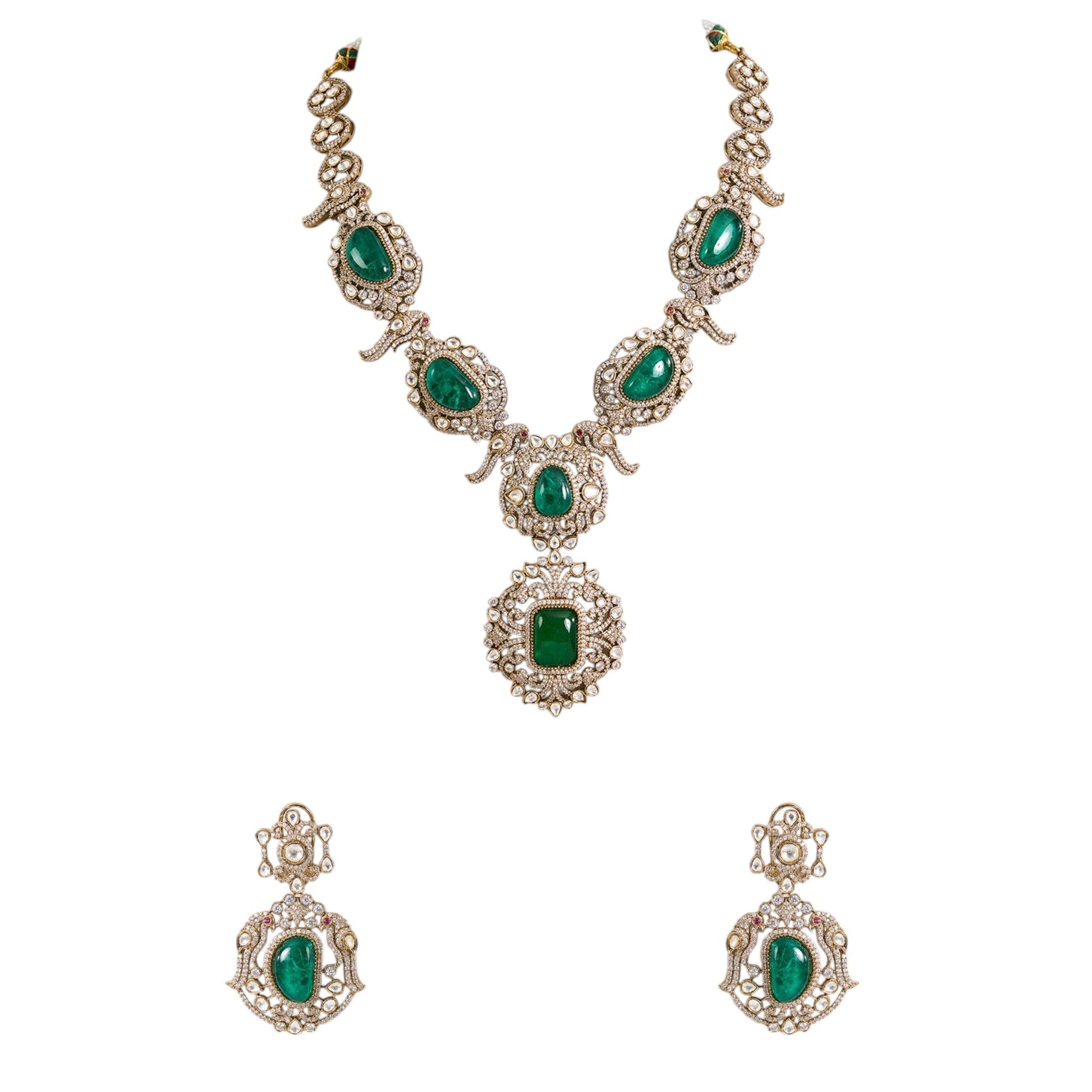 Gold Finish Kundan Polki & Emerald Stone Necklace Set - Auraa Trends - Hathphool -  - Auraa Trends - Gold Finish Kundan Polki & Emerald Stone Necklace Set