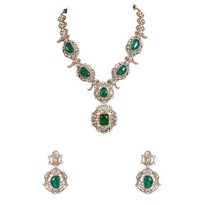 Gold Finish Kundan Polki & Emerald Stone Necklace Set - Auraa Trends - Hathphool -  - Auraa Trends - Gold Finish Kundan Polki & Emerald Stone Necklace Set