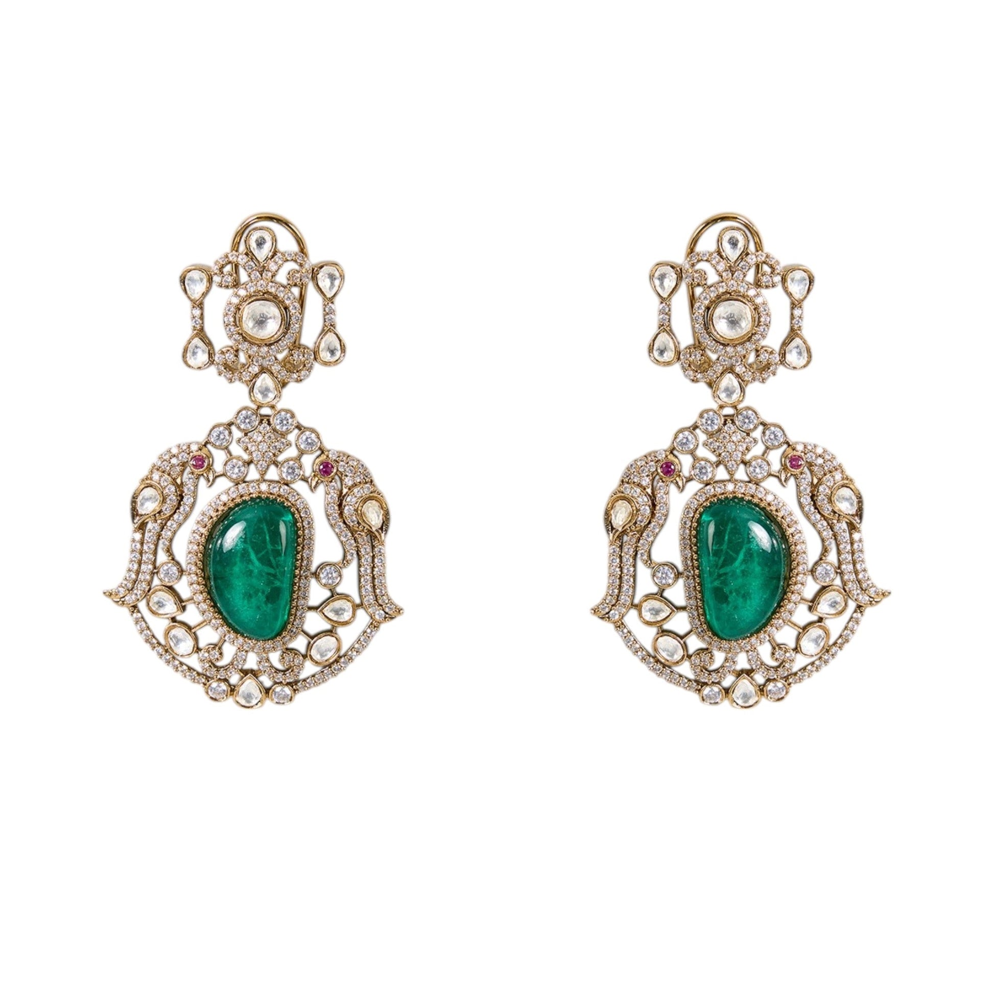 Gold Finish Kundan Polki & Emerald Stone Necklace Set - Auraa Trends - Hathphool -  - Auraa Trends - Gold Finish Kundan Polki & Emerald Stone Necklace Set