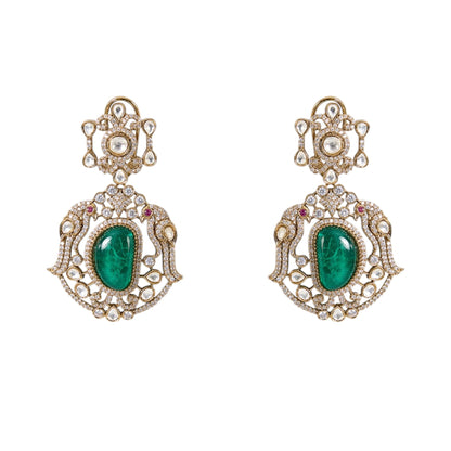 Gold Finish Kundan Polki & Emerald Stone Necklace Set - Auraa Trends - Hathphool -  - Auraa Trends - Gold Finish Kundan Polki & Emerald Stone Necklace Set