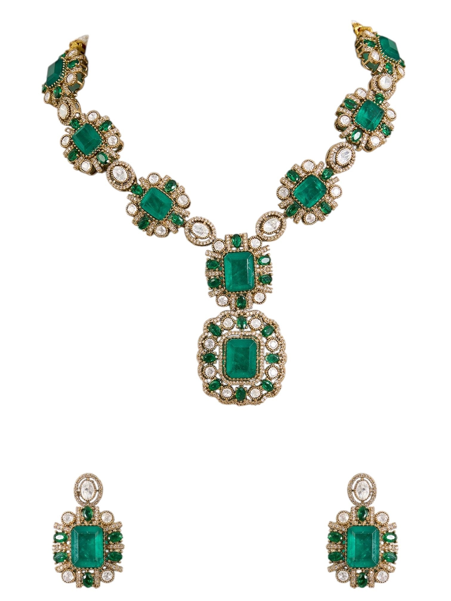 Gold Finish Kundan Polki & Emerald Stone Statement Necklace Set - Auraa Trends - Necklace -  - Auraa Trends - Gold Finish Kundan Polki & Emerald Stone Statement Necklace Set
